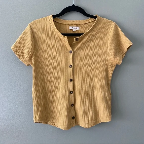Madewell Pointelle Button-Front Slim Tee, Gold Color with Brown Buttons, Size S - Picture 1 of 11